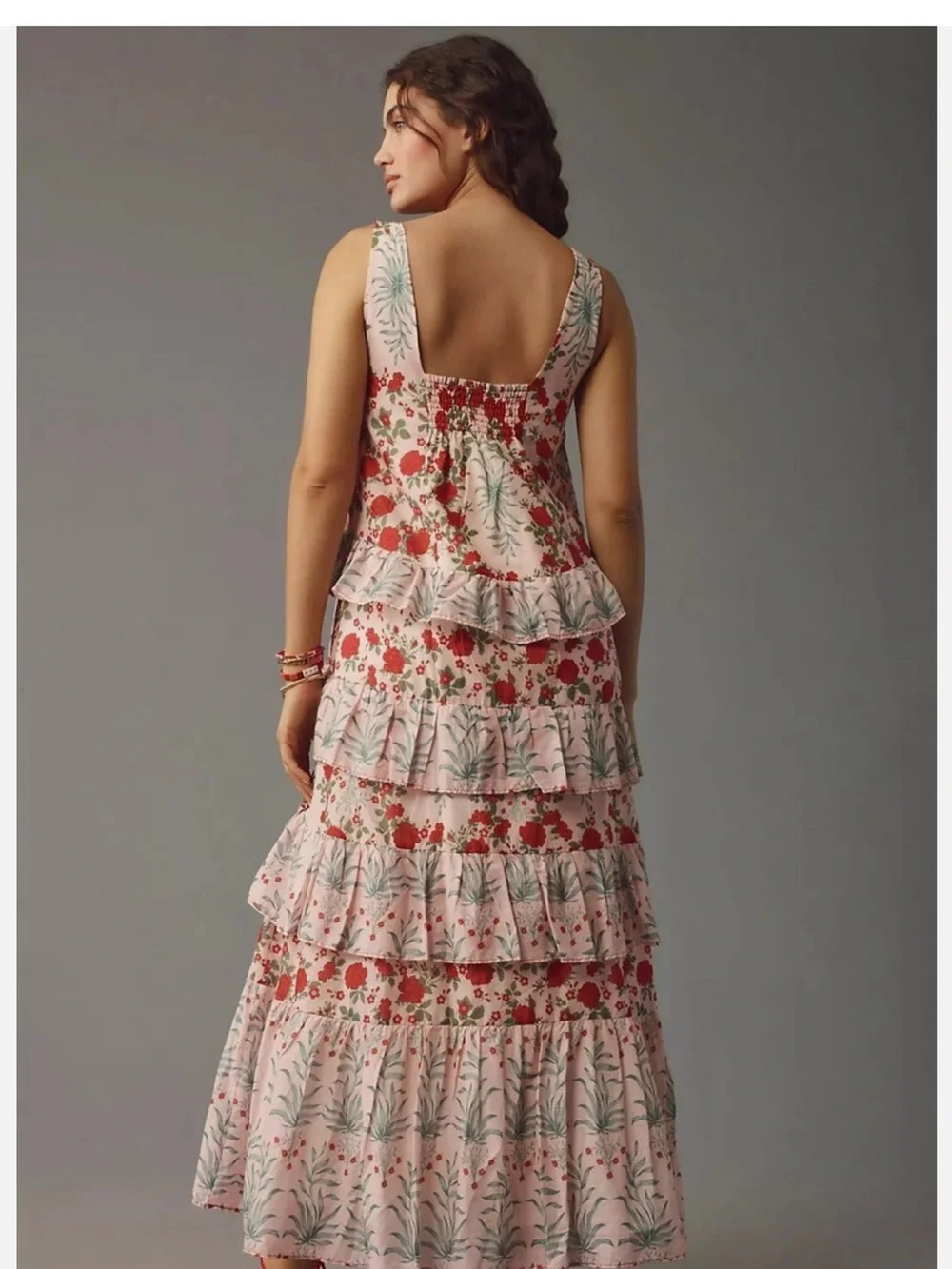 Anthropologie Pink Floral Tiered Sundress with Red Accents - Picture 2 of 13